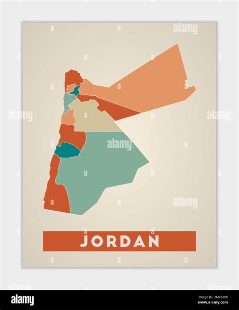 Cartel de Jordan Mapa del país con regiones coloridas Forma de