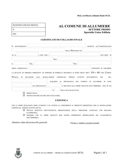 Compilabile Online Comune Allumiere Rm Certificato Di Collaudo Finale