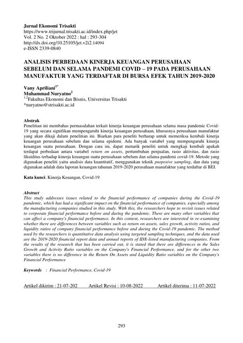 PDF ANALISIS PERBEDAAN KINERJA KEUANGAN PERUSAHAAN SEBELUM DAN SELAMA