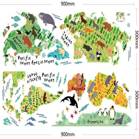 Hayvan Dünya Haritası Çıkarılabilir Çıkartma Sanat Duvar Resmi Ev Dekor