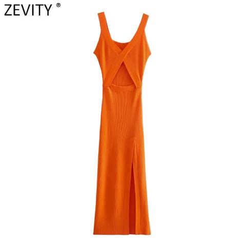 Zevity Women Sexy Deep V Neck Hollow Out Design Split Knitting Midi