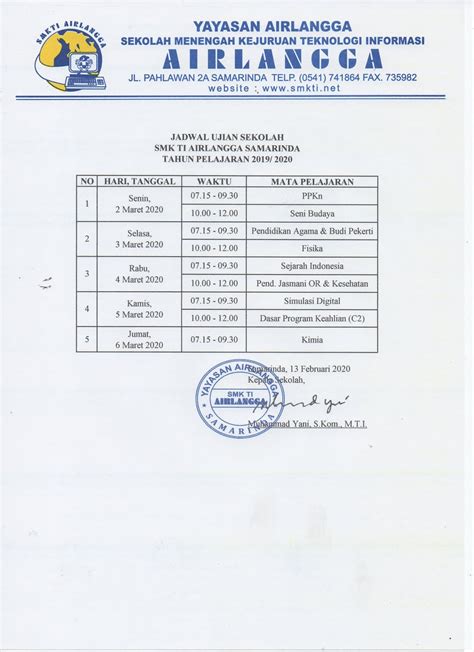 Smk Ti Airlangga Samarinda Jadwal Ujian Sekolah Tahun Ajaran