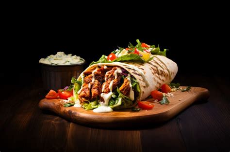 Shawarma Carne Grelhada E Rolha De Salada Molho Branco Servido