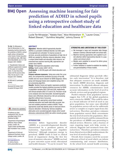 Pdf Assessing Machine Learning For Fair Prediction Of Adhd In School