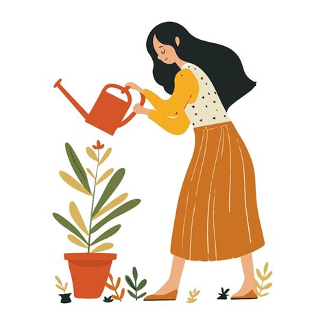 Woman Watering Plant Illustration Premium Ai Generated Vector