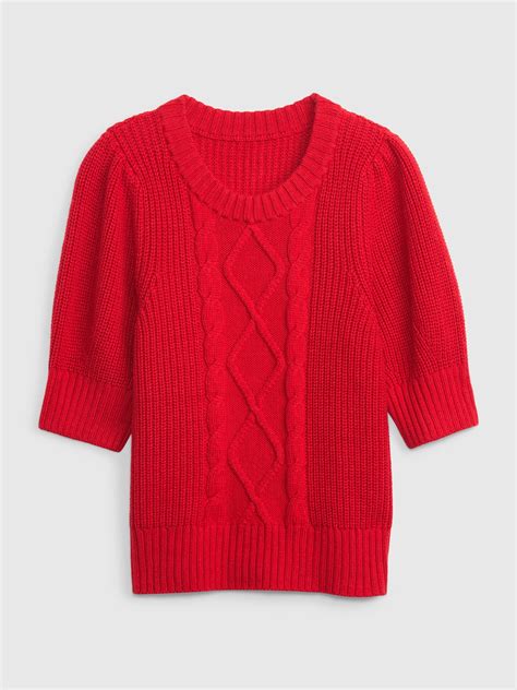 Puff Sleeve Cable Knit Crewneck Sweater Gap