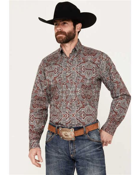 Stetson Mens Paisley Print Long Sleeve Button Down Western Shirt Grey