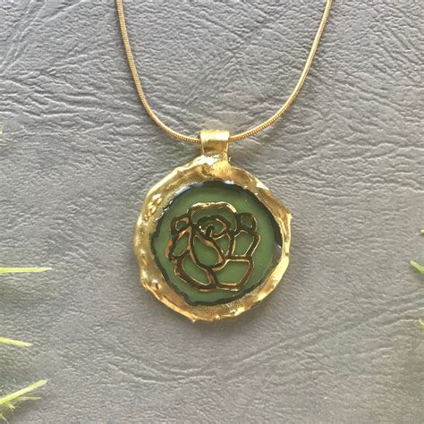 Rose Necklace Handmade Jewelry Golden Rose Pendant Green - Etsy