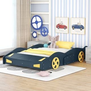 Full Car Bed Frame, Wood Platform Bed w/Wheels and Storage, Race Car ...