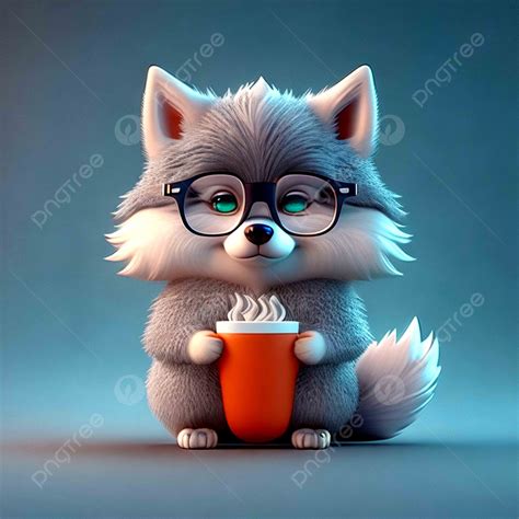 3d Cute Wolf Wearing Glasses And Carrying A Cup Of Warm Drink