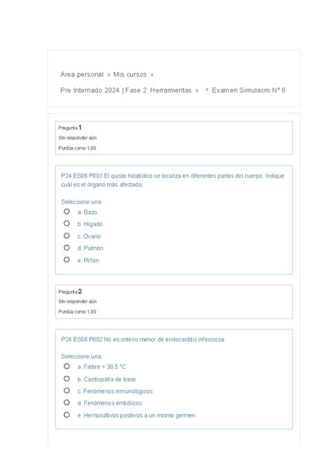 Examen Simulacro Essalud Área personal Mis cursos Pre Internado