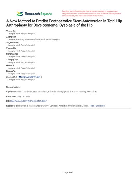 Pdf A New Method To Predict Postoperative Stem Anteversion In Total