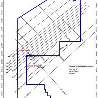 Base map of study area displaying seismic dip and strike lines along ...