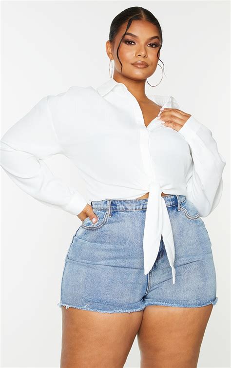 Plus White Tie Front Shirt Plus Size Prettylittlething Qa