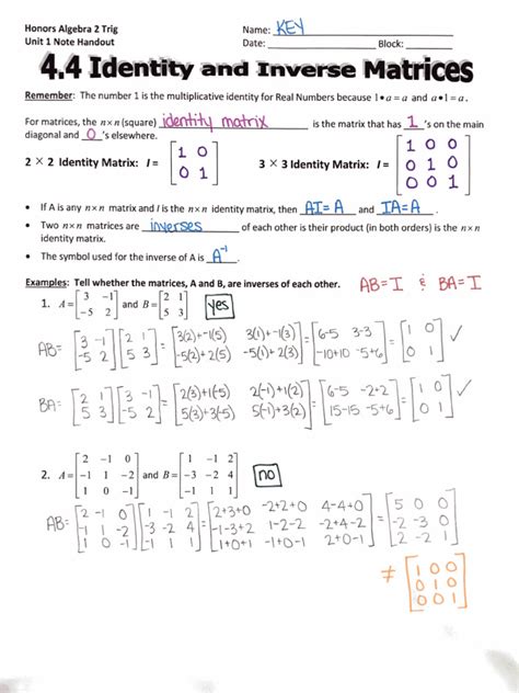 44 Identity And Inverse Matrices Key Pdf