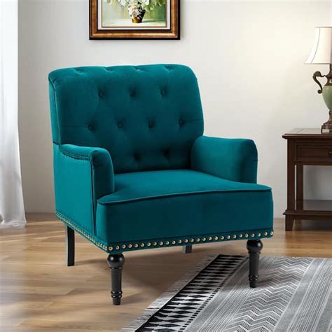 Jayden Creation Enrica Teal Tufted Comfy Velvet Armchair With Nailhead