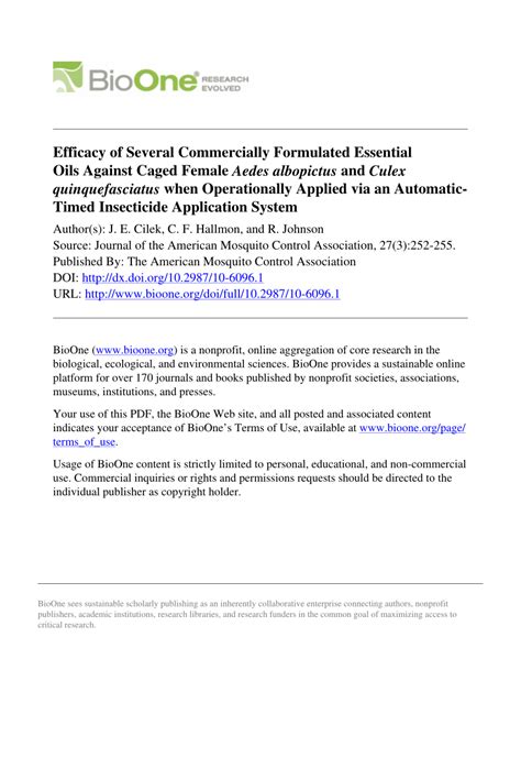 PDF Efficacy Of Several Commercially Formulated Essential Oils