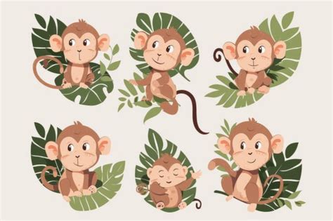 1 Cute Monkey Clipart Set Graphic Designs & Graphics