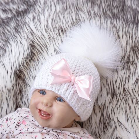 White Baby Girl Hat Baby Girl Pom Pom Hat Preemie Hat - Etsy