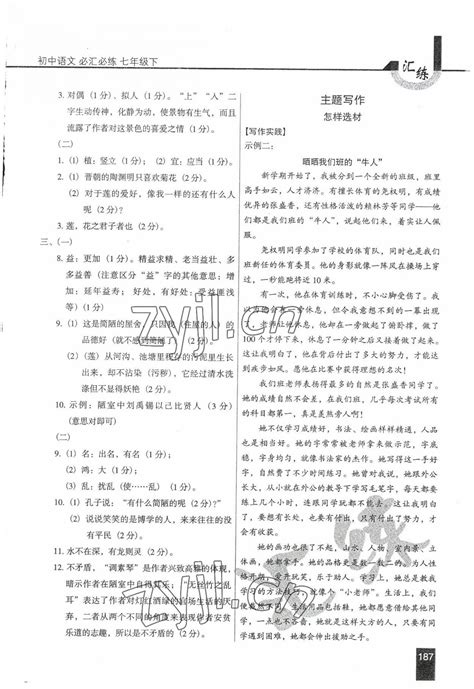 2022年汇练七年级语文下册人教版54制答案——青夏教育精英家教网——