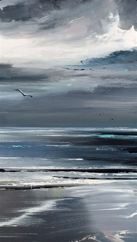 An Abstract Painting Of Birds Flying Over The Ocean