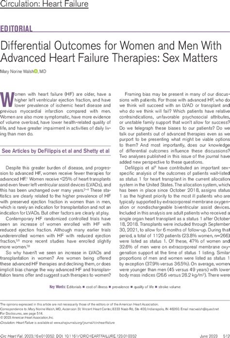 Differential Outcomes For Women And Men With Advanced Heart Failure Therapies Sex Matters