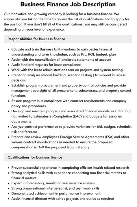 Business Finance Job Description Velvet Jobs