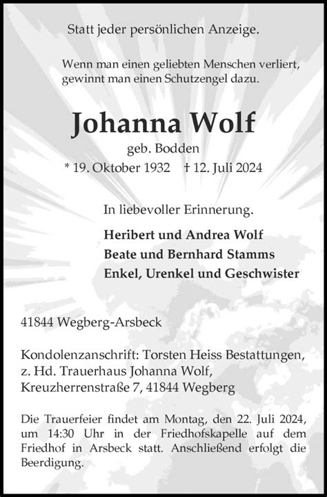 Traueranzeigen Von Johanna Wolf Aachen Gedenkt