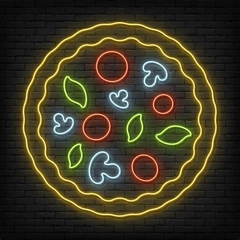 Premium Vector Neon Pizza With Slice On A Brick Wall Background