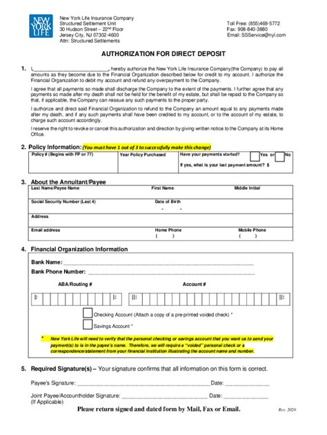 Form Ny Life Insurance Company Authorization For Direct