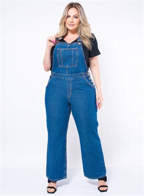 Jardineira Jeans Plus Size Wide Leg Botões Best Size E commerce