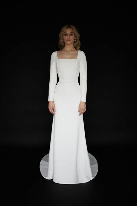 Long Sleeve Square Neck Wedding Dress Minimalist Crepe Wedding Dress