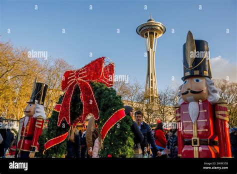 Seattle Christmas Market Scene With Holiday Lights Nutcracker Statues