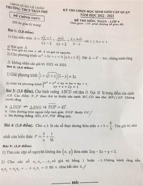 Đề thi HSG Toán 9 THCS Trần Phú quận Lê Chân 2022 2023 Học Toán 123