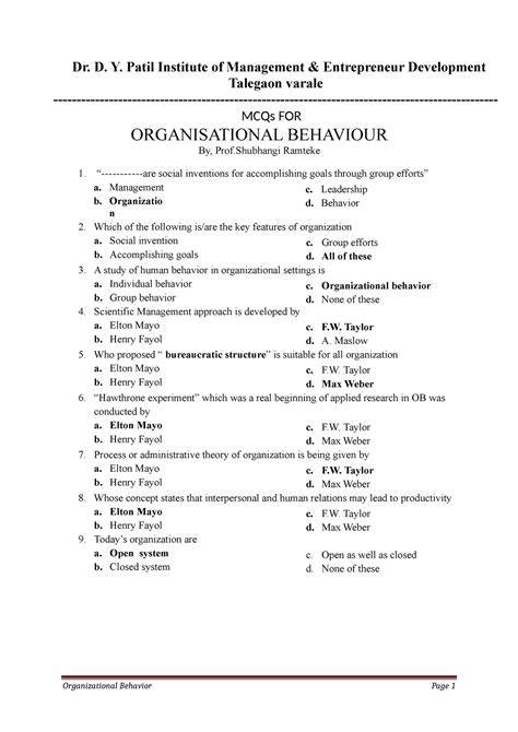 Organizational Behaviour Mcqs Organizational Behavior Page Dr D Y