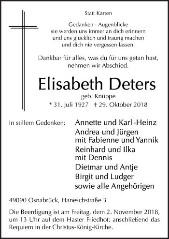 Traueranzeigen Von Elisabeth Deters Noz Trauerportal