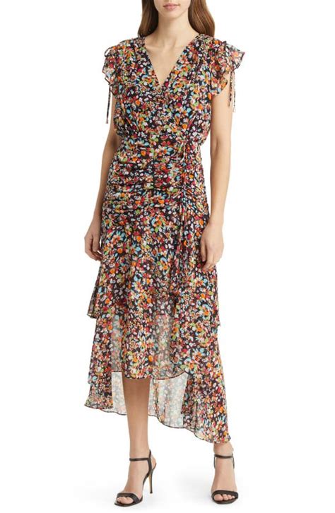 Tahari Asl Floral Side Ruched Chiffon Midi Dress In Black Multi Modesens