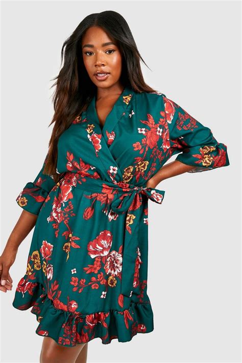 Plus Floral Wrap Belted Dress Boohoo Uk