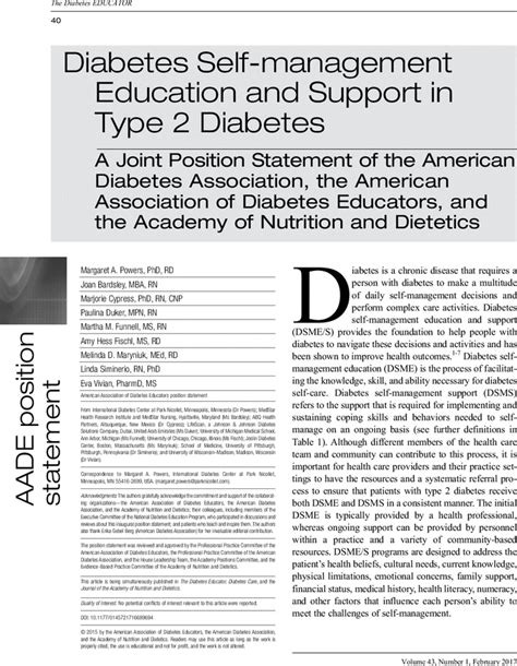 Diabetes Self Management Education And Support In Type Diabetes A