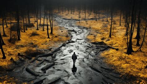 Premium Ai Image A Man Walks Through A Forest With A Dark Background