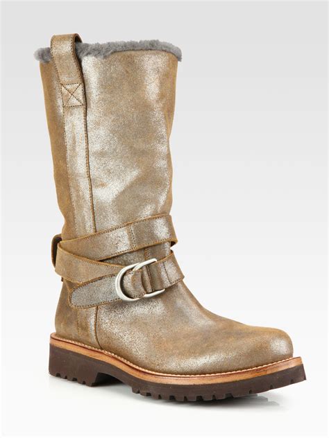 Lyst Brunello Cucinelli Glittercoated Leather And Shearling Boots In