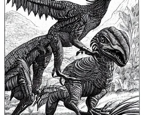 KREA A Feathered Velociraptor Full Body Pen And Ink Illustration