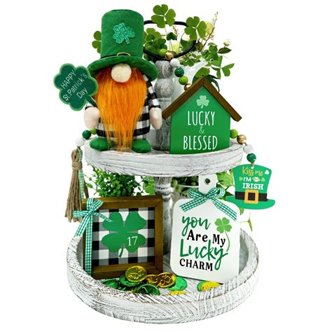 Crczk St Patricks Day Decor Set 5pcs Gnome Tiered Tray Decor Shamrock