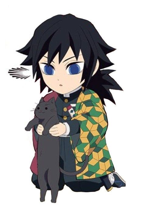 Cute Anime Chibi Giyuu Tomioka With Black Cat