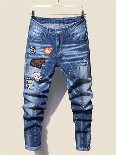 Medium Wash Denim Letter Skinny Embellished Slight Stretch Men Denim