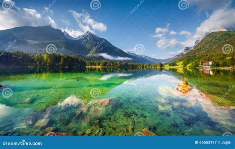 Sunny Summer Morning On The Hintersee Lake Stock Image Image Of Cloud