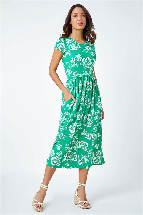 Green Floral Print Midi Stretch Dress Roman Uk