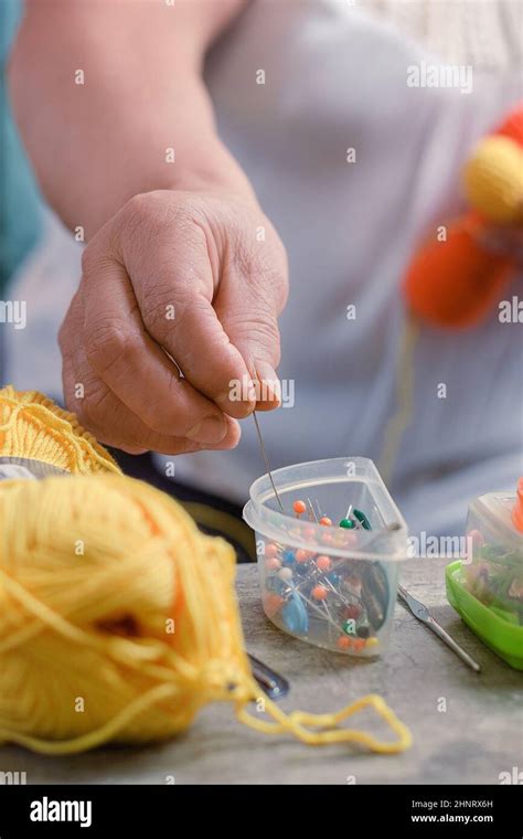 Elderly Woman 60 Year Old Latin Grandmother Knitting Happy And