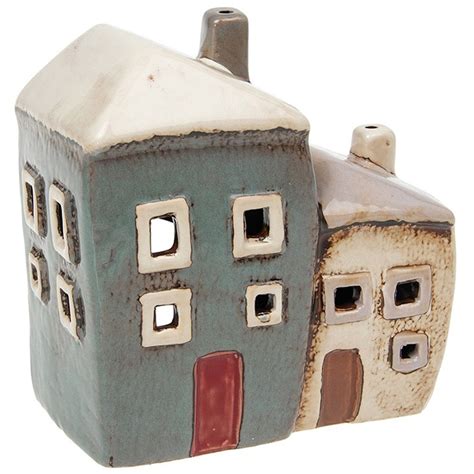 Village Pottery House Tealight Holder Grey Cream