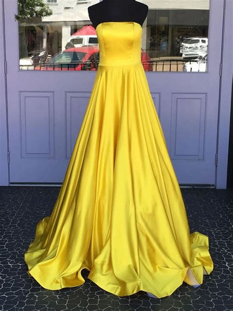 Simple Strapless Yellow Satin Long Prom Dresses Strapless Yellow Sati